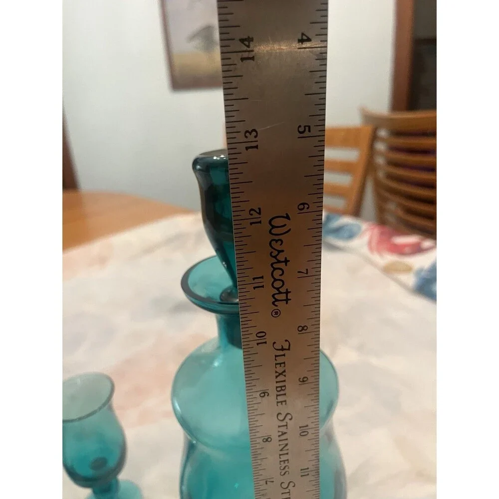Vintage Teal Blue Art Glass 1 Decanter 6 Wine Glass Very Beautiful Rare!